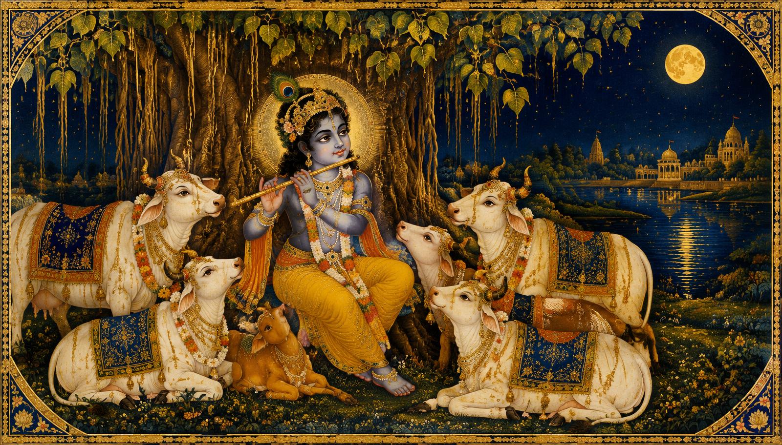Classical painting of Krishna playing the flute among decorated cows at night